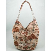 Cotton & Linen Beaded Brown Flowers Shoulder Bag Hobo 7 Colors
