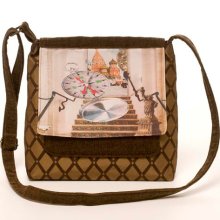 Cross Body Satchel Handbag with Brown Diamond Compass Print Flap