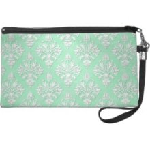 Cute Mint Green and White Floral Damask Pattern Wristlets