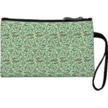 Cute Mint Green and Gold Swirly Vines Pattern Wristlet Clutch