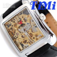 Deluxe Full Golden Square Dial Mens Automatic Wrist Watch Clear Fash