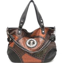 Designer Inspired Black Brown Embossed Metal chain Rhinestone patchwork strip dual strap L Satchel shoulder Bag Handbag Purse