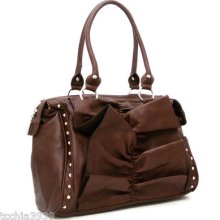 Designer Inspired Black Brown Metal Studs Ruffle Pockets Satchel Bag Handbag