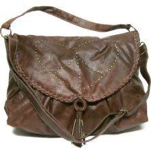 Designer Inspired Brown Faux Leather Studded Heart Peace Tassel Stitch Hobo Bag