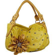 Designer Inspired Fashion Flower Design Round Studs Hobo Handbag Purse Yellow