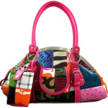 Designer Inspired Multi-color Patchwork Ostrich Satchel Purse Bag Fuschia Pink