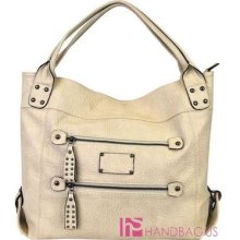 Designer Inspired Vegan Dual Front Zipper Accent Arcadia Hobo Purse Bag Beige