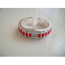 Designer Silver Finish With Red And Clear Crystals Geneva Bangle Watch