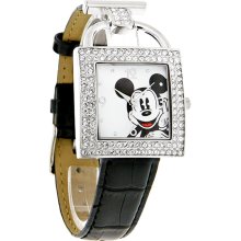 Disney Mickey Mouse Ladies Crystal Bezel Black Leather Strap Quartz Watch MCK935