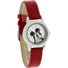 Disney Mickey Mouse Ladies Red Leather Band Watch MK1018
