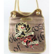 Ed Hardy Christian Audigier Gold Skull Rose Tattoo Tamara Shoulder Handbag