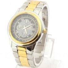 Elegant Black Men 's Wrist Golden Face Silver Band Automatic Mechanical Watch