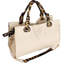 [Elegant Crocodile & Leopard] Ivory Double Handle Leatherette Satchel Hobo Handbag w/Shoulder Strap
