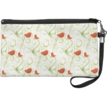 Elegant Whimsical Orange Birds on Green Branches Wristlet Purse