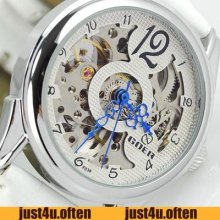 Elegant White Hollow Blue Lace Hands Womens Wrist Watch Automatic Mechanical