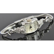 Estate Lucerne 14k White Gold 12k Gf .50 Ct Diamond Ladies 17 Jewel Deco Watch