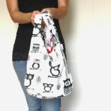 Fabric Purse. Boho Bag. Cross Body Hobo Bag. Owl Purse. Black and White. Reversible Purse Coordinate with Bold Solid Colors.