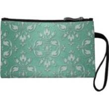 Fancy Mint Green Damask Pattern Wristlet