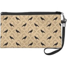 Fancy Pattern with Crows. Black and Beige. Wristlet