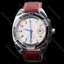 Fashion Date Men Brown Leather Band White Dial Mechanical Wrist Watch