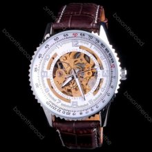 Fashion Decent Business Men Brown Leather Oversize Tourbillon Mechanical Watch