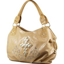 Fashion Designer Inspired Cross Flower Accent Hobo Handbag Purse Natural