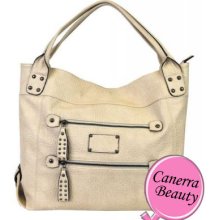 Fashion Dual Front Zipper Arcadia Vegan Leather Hobo Handbag Purse Beige