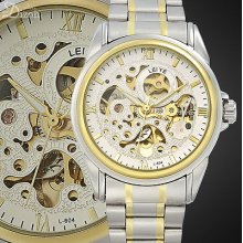 Fashion Jewelry White Dial Mechanical Skeleton Automatic Steel Men Wrist Watch