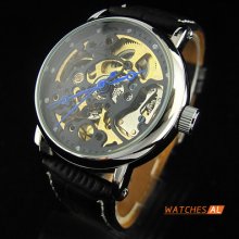 Fashion Men Black Hollow Skeleton Self-wind Mechanical Leather Wrist Watch