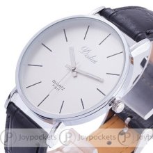 Fashion Men Casual Wrist Watch Black Pu Leather Quartz Analog White Simple Face