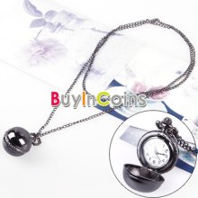 Fashion Retro Lead Color Ball Style Quartz Pocket Watch Chain Necklace Pendant