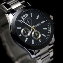 Fashion Sinobi Mens Silver Stainless Steel Band Black Dial Quartz Wrist Watch