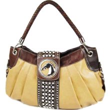 Fashion Western Style Horse Emblem Studded Flap Top Hobo Handbag Tan