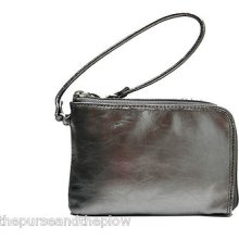 Fossil Leather Handbag Pewter Metallic Winter Garden Wristlet Zip Around