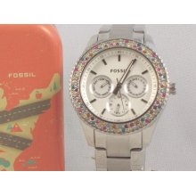 Fossil Women's Silvertone Stella Mixed Glitz Multi-function Watch Es3049 $115