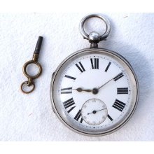 Fusee Vtg Pocket Watch British Sterling Silver I.j.t.n. With Key 1850