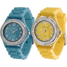 Geneva Platinum Women's Rhinestone-accented Silicone Watch (Set of 2) (Turquoise and Yellow)