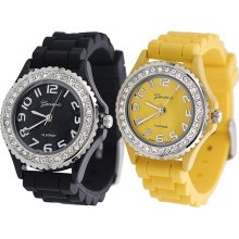 Geneva Platinum Women's Rhinestone-accented Silicone Watch (Set of 2) (Black and Yellow)