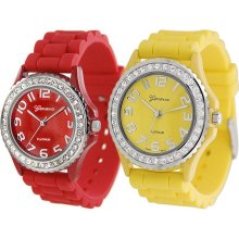 Geneva Platinum Women's Rhinestone-accented Silicone Watch (Set of 2) (Red and Yellow)
