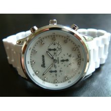 Geneva White-silver Mk / Chrono Look Quartz Watch