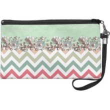 Girly Pink Green Zig Zag With Pearl Flowers Wristlet Clutch