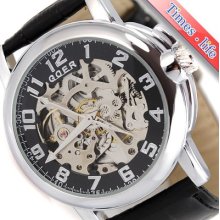 Goer Black Face Automatic Selfwind Watch Mens Silver Skeleton Numberals