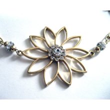 Gold Rhinestone Flower Necklace - Large shiny yellow gold daisy with Swarovski crystal elements on gold plated chain - CLEARANCE