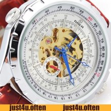 Golden Auto Self Wind Men's Fashion Wrist Watch Army Style Red Brown Pu Newest