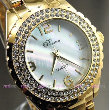 Golden Hours Clock Dial Oyster Crystal Steel Men Women Wrist Watch W134