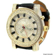 Goldtone Big Manly Hip Hop Cz Iced Out Case Dial Dress Watch Black Leather