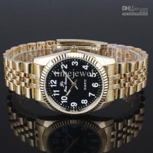 Good Price Men's Golden Stainless Steel Watches Black Dial White Num