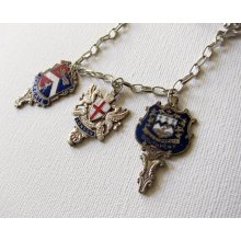 Gothic vintage collectible red and blue medieval England silver enamel crests necklace