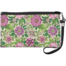 Green Purple & Beige Retro Flowers Pattern Wristlet Clutches