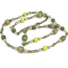 Green Vintage Inspired Necklace Natural Jade Long Beaded Chain Bohemian Earthy Brass Jewelry OOAK